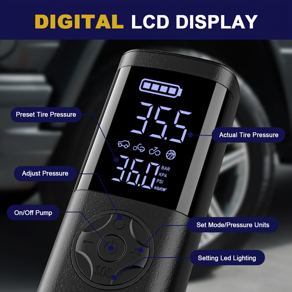 TEMOLA 7-in-1 Emergency Canjumper Starter & Tire Inflator with Digital Display, LED Light, Instant Jump Start, Tire Pressure Detection, Smart Air Compressor, USB Charging, Durable Polymer Battery for Cars, Motorcycles, Bicycl