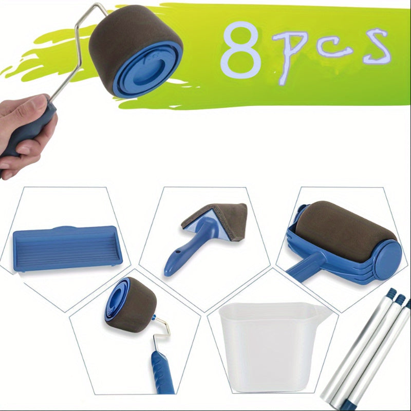 Conjunto de 7 peças de rolos de pintura com cabo - Renovação rápida e fácil de ambientes com tabuleiros à prova de fugas, 2 ferramentas de precisão para arestas, 3 rolos com cabo azul e 2 tabuleiros - perfeito para pintar paredes com acabamento liso.