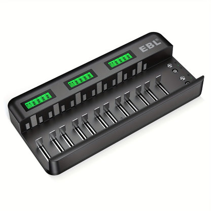 EBL 12+2 Bay LCD Rechargeable Battery Charger For AA AAA C D Ni-MH Ni-CD Rechargeable Batteries & 9V NiMH Ni-CD Li-ion Rechargeable Batteries