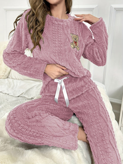 Pijama de menina em pelúcia para o outono e inverno - Conjunto com blusa de manga comprida em veludo coral grosso, gola redonda e calças. Estampado fofinho de ursinho bordado, ideal para o dia a dia. Roupa casual e confortável.