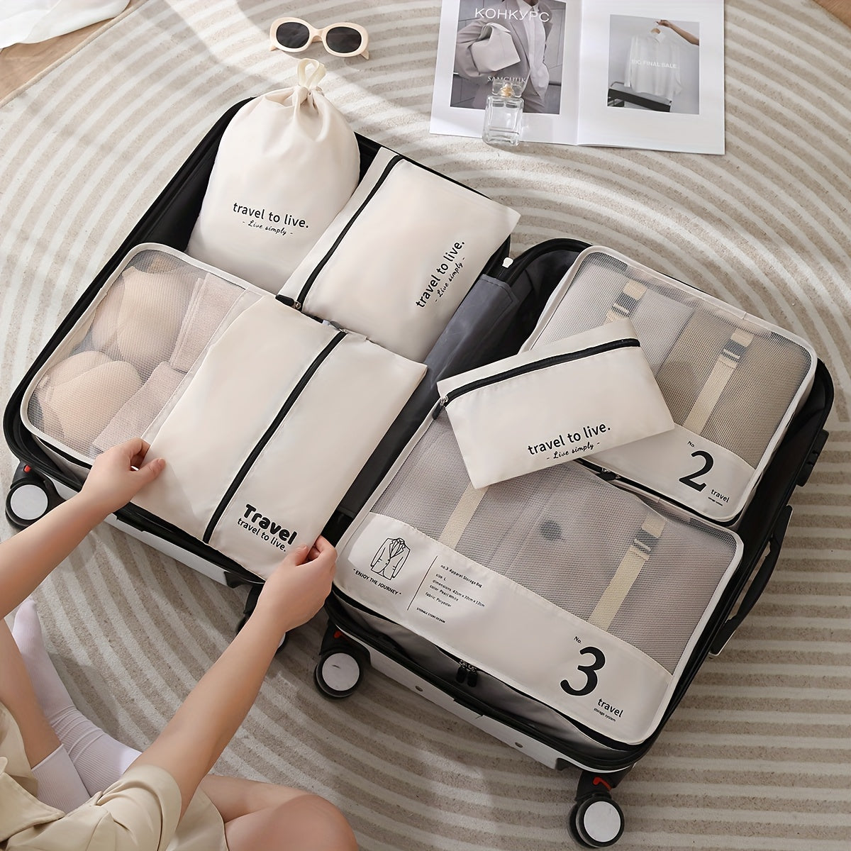 Portable Travel Storage Bag Set of 7pcs Suitcase Clothes Organizer Pouches with Clothing Bags, Underwear Pouches, and Shoe Pouches Suitable for Business Trips by Both Men and Women