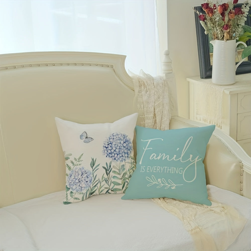 Conjunto de 4 capas de almofada decorativas em linho misto com estampado de hortênsias azuis. Ideais para cama, sofá, sala de estar e decoração em geral. Não inclui enchimento. Dimensões: 45cm x 45cm (18 polegadas x 18 polegadas).