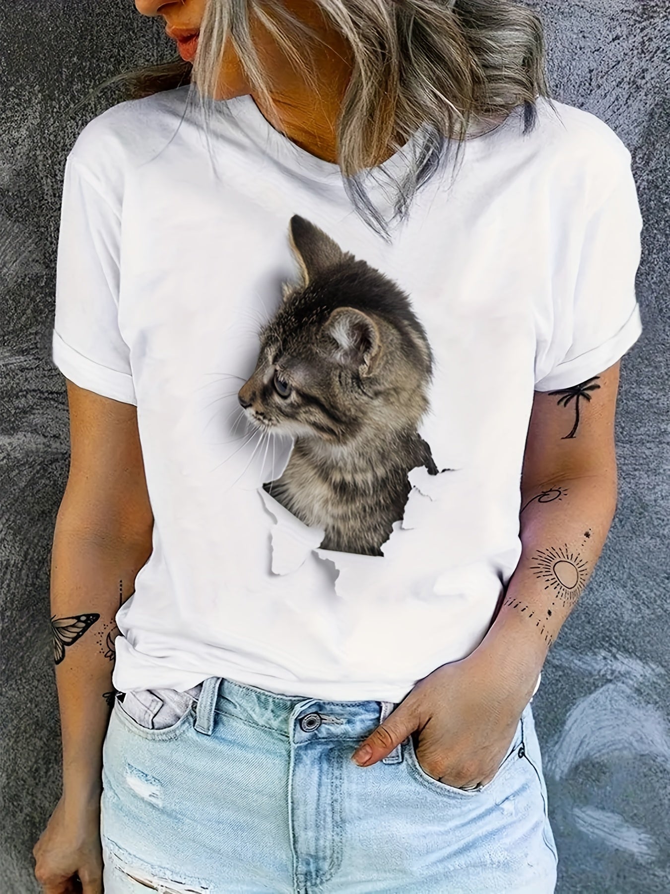 Cute Cat Print T-Shirt, Crew Neck Short Sleeve T-Shirt, Casual Every Day Tops, Women's Clothing