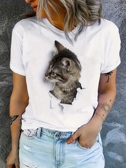 Cute Cat Print T-Shirt, Crew Neck Short Sleeve T-Shirt, Casual Every Day Tops, Women's Clothing