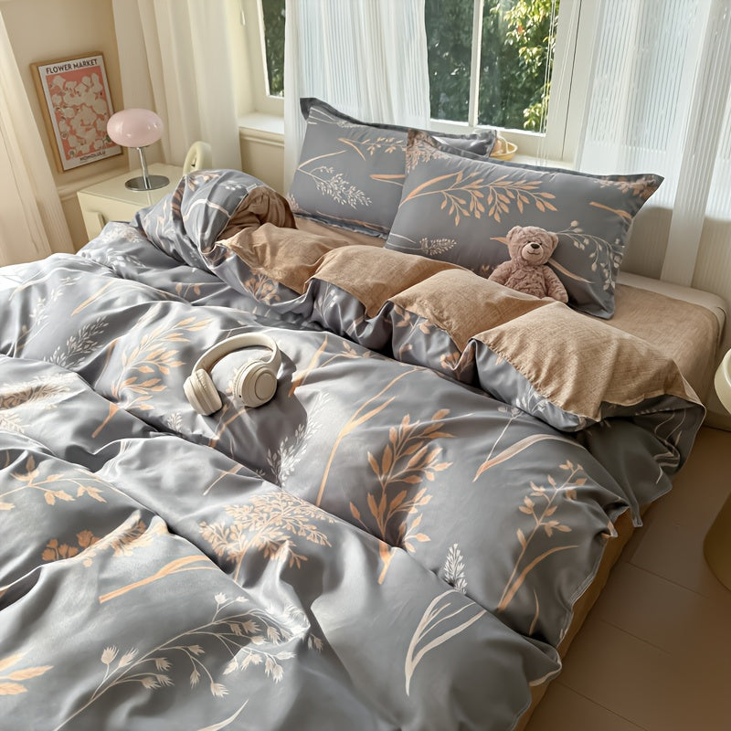 4pcs Soft & Comfortable Plant Print Bedding Set, Duvet Cover, Flat Sheet & 2 Pillowcases (No Fillers), All-Season Polyester with Zipper Closure, Machine Washable, Breathable & Fade-Proof Fabric, Perfect for Bedroom Dorm Guest