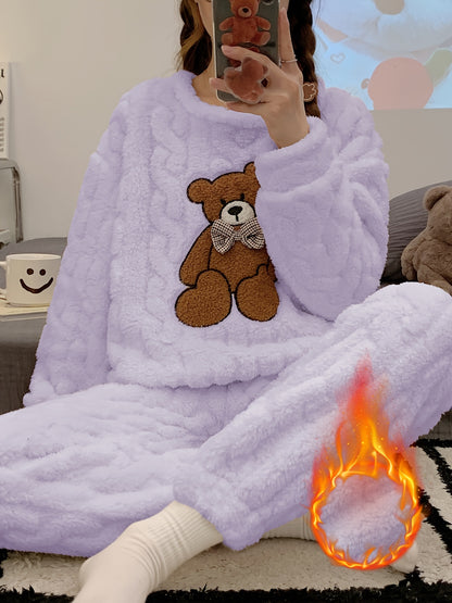 New Autumn and Winter Thick Warm Pajama Set with Jacquard Velvet Long-Sleeve Bear Top and Flannel Pants for Winter