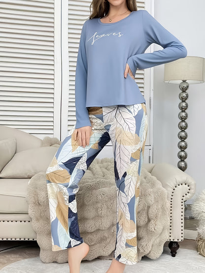 Conjunto de pijama casual, versátil e elegante para mulher com estampado de letras, blusa de manga comprida com gola redonda e calças com estampado floral para o outono e inverno.