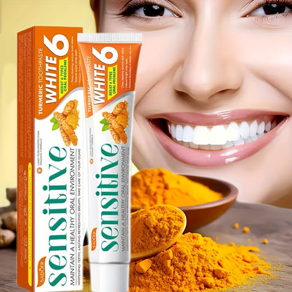 Natural Turmeric Teeth Toothpaste with Ginger Extract - 6-in-1 Formula for Deep Cleaning, Sensitivity Relief & Plaque Control, Whitens Teeth, Freshens Breath, Moisturizing for Healthy Gums, Vegan & Ethically Made, 100g