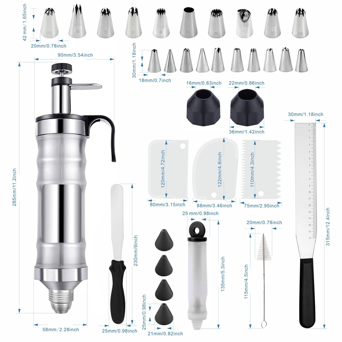 High-Quality Stainless Steel Icing Cream Decorating Kit, 34pcs Cake Decorating Tools Set with 10 Medium Nozzles and 10 Small Nozzles, Including a Graduated Smoothing Scraper, Silicone Writing Pen, Fondant Comb, Cupcake Fillin