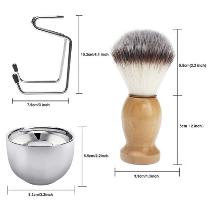 Kit de barbear para homem com pincel, suporte, taça em aço inoxidável e escova facial macia.