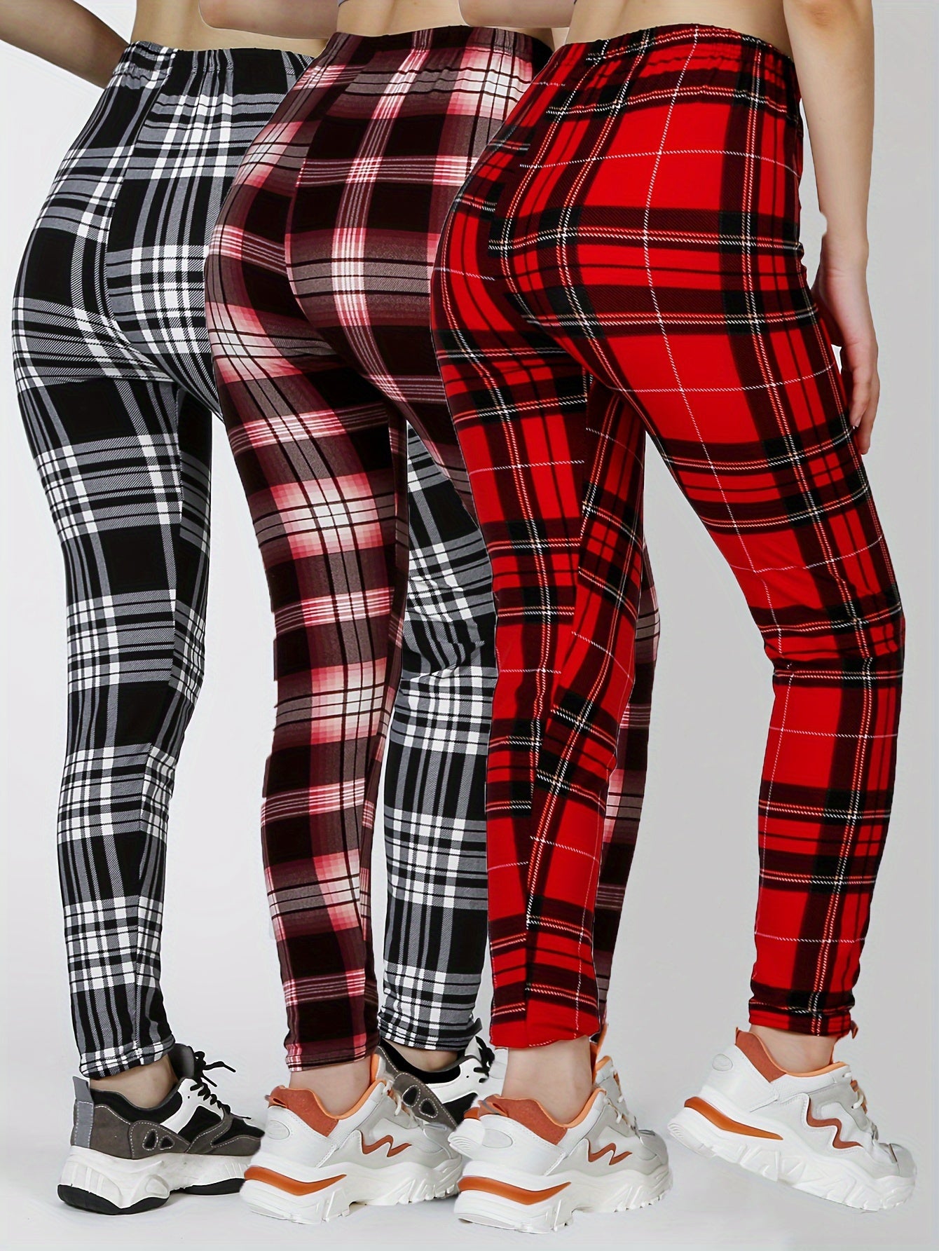 3 Packs Women'S Soft & Stretchy Tight Leggings - Black, White, and Red Plaid Patterns, High Waist, Elastic Waistband, Crop Length, Perfect for Fitness, and Casual Weekend Wear, Casual Wear Leggings|Plaid Pattern Leggings|Stre