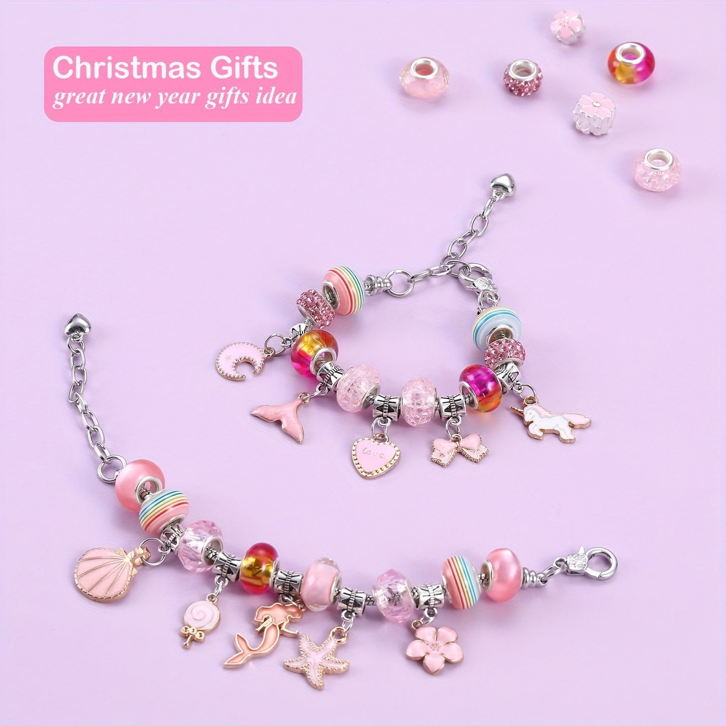 Kit de pulseiras DIY com 67 peças, incluindo 60 charms, 3 pulseiras e 3 colares. Ideal para presentes de aniversário, Natal, Ano Novo e Dia dos Namorados.