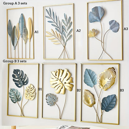 3pcs Mounted Metal Wall Decor, Thick Minimalist Metal Wall Art, Modern Metal Leaf Wall Hanging, Suitable For Sofa Backdrop Bedroom And Living Room, Golden Classic Style, No Frame, 43.94x 29.97 Cm
