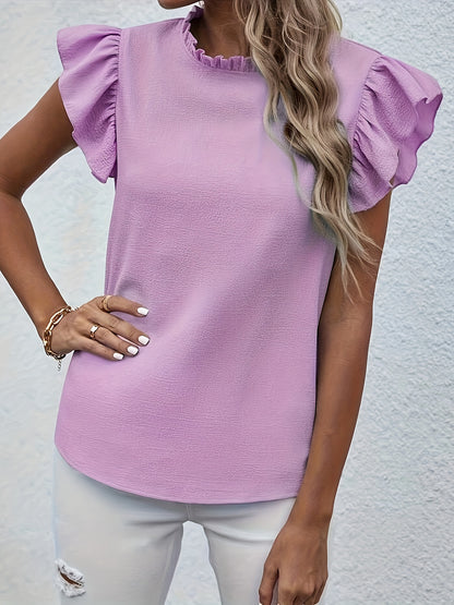 Ruffle Trim Crew Neck Blouse, Casual Solid Color Flutter Sleeve Blouse For Spring & Summer, Women's Clothing Wedding holiday vacation