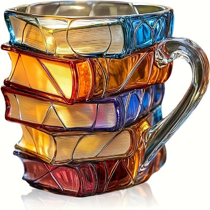 1pc Hand-Painted Book Stack Design Coffee Mug - 7/12oz Stackable Glass Cup with Vibrant Blue, Orange, Red & Yellow Stained Glass Art, Reusable Novelty Gift for Book Lovers, Librarians, Women'S Book Clubs & Literature Enthusia