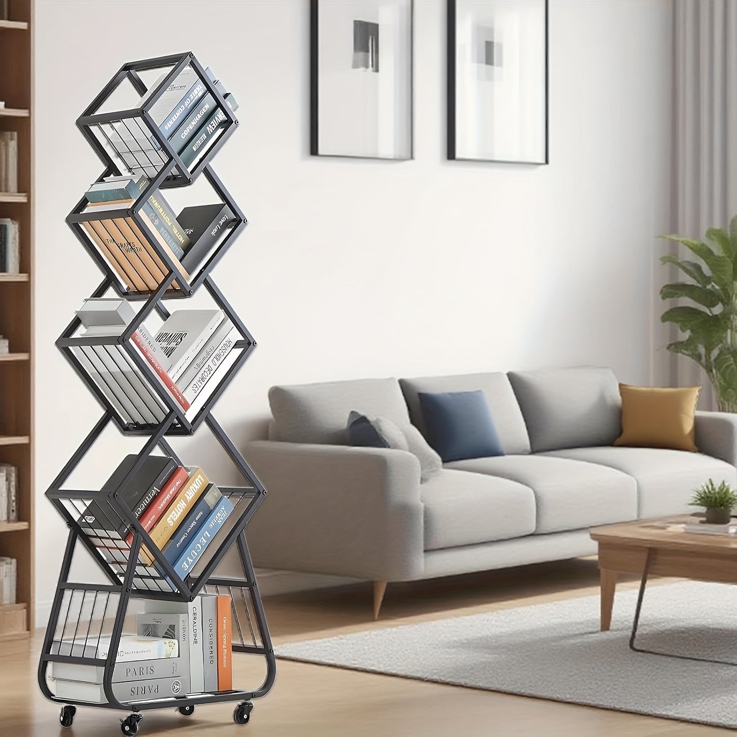 5-Tier Rotating Bookshelf with Wheels - Heavy-Duty Modern Minimalist Bookcase, 360° Swivel Shelf, Space-Saving Storage Organizer for Home Office, Living Room, Bedroom - Easy-Move Casters (Black), Bookshelf Decorations, Versa