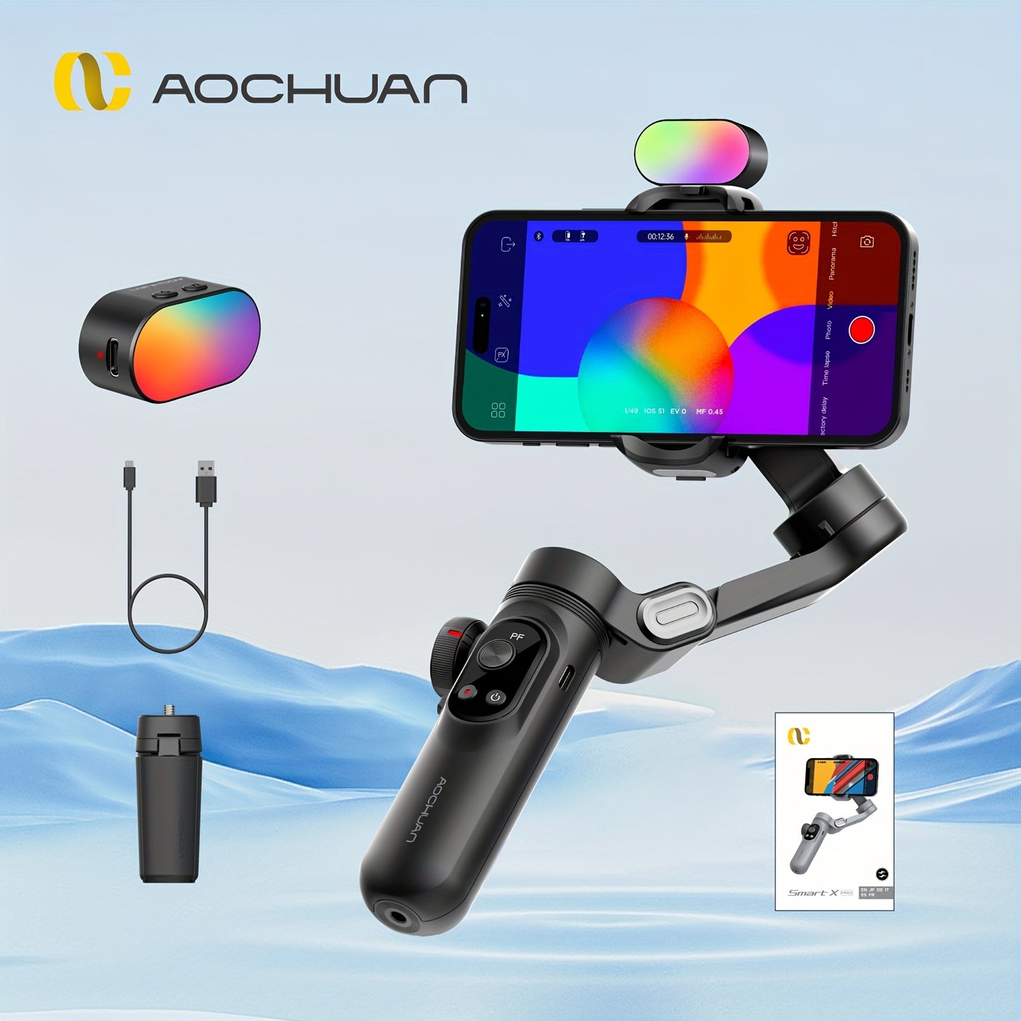 AOCHUAN Xpro Gimbal Stabilizer Dimensional Stability Anti-shake Can Be Handheld Desktop Tripod Reverse Charging Photography Mode with Fill Light LED Display Remote Control Face Follow Body Follow Gesture Control Self-timer VL