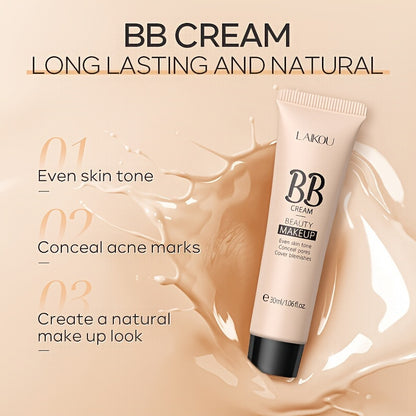 LAIKOU Waterproof BB Cream Full Coverage Concealer, Natural/Ivory/Tan 30ml, Long Lasting Foundation Make Up, Oil Control, Even Skin Tone, Hide Pores