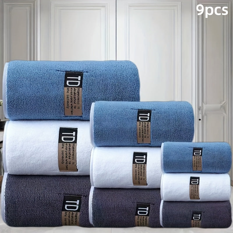 9pcs Large Size Three Colors Super Soft Super Absorbent Bath Towel Set, Blue, White, Gray Composition, Exquisite and Durable, Not Shedding, 5-Star Standard