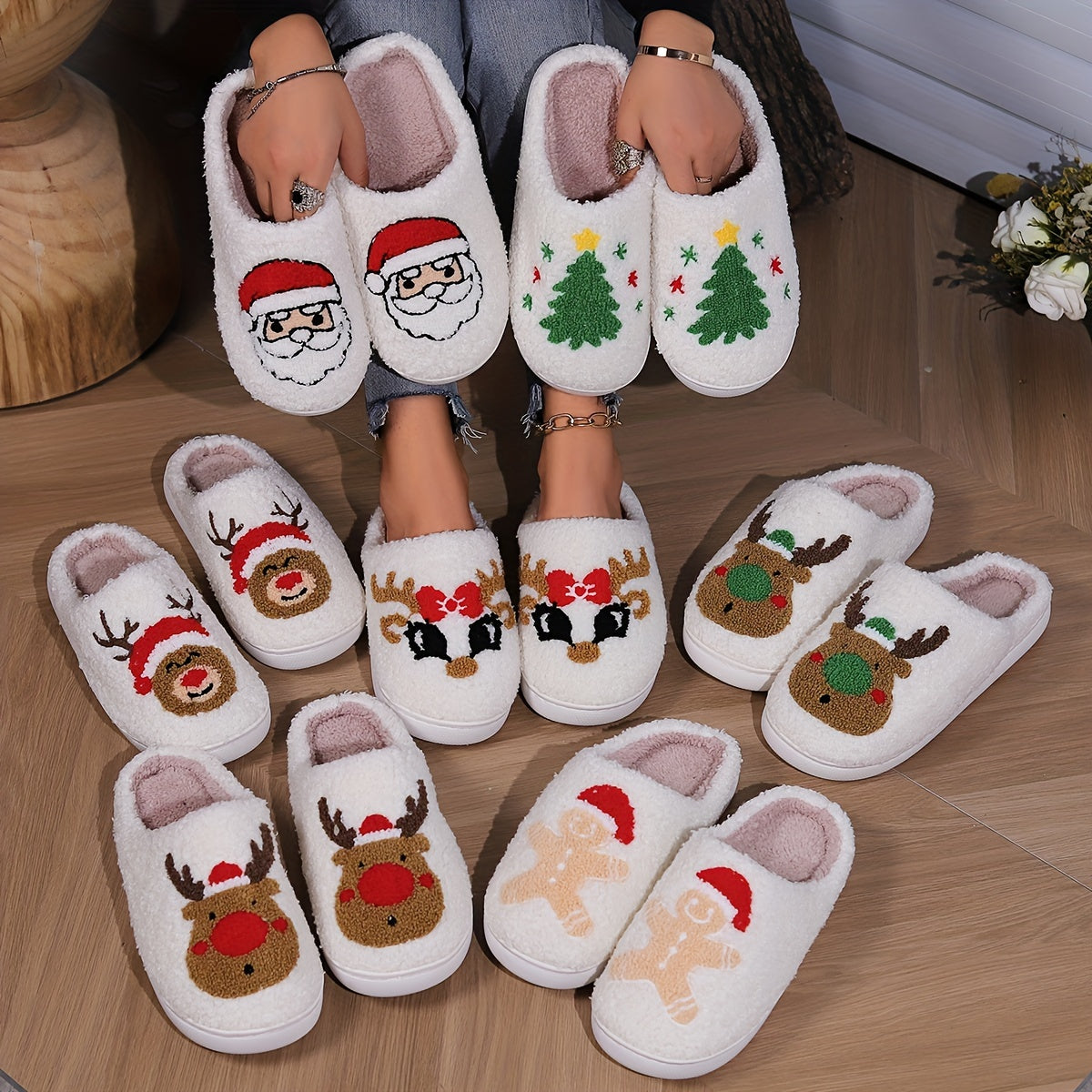 Christmas Tree Pattern Fuzzy Slippers, Winter Warm Closed Toe Flat Floor Shoes, Cozy Soft Sole Plush Home Slippers