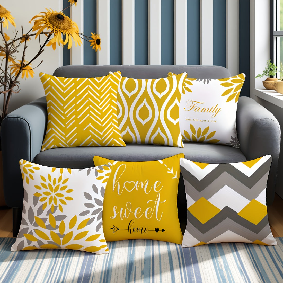 6pcs Modern Geometric & Floral Print Throw Pillow Covers, 44.96cm - Polyester, Machine Washable, Zip Closure - Ideal for Living Room, Bedroom, and Home Decor (Covers Only), Decorative Pillows | Contemporary Style | Zippered P