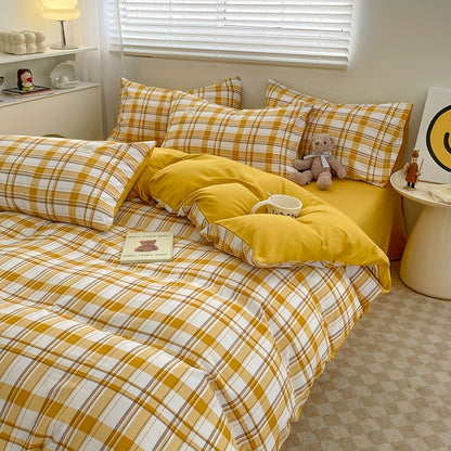 4pcs quilt set (1*quilt cover + 1*bed sheet + 2*pillowcases, excluding quilt core), yellow and white line printed bedding set, soft and comfortable four-season quilt cover, suitable for bedroom and guest room