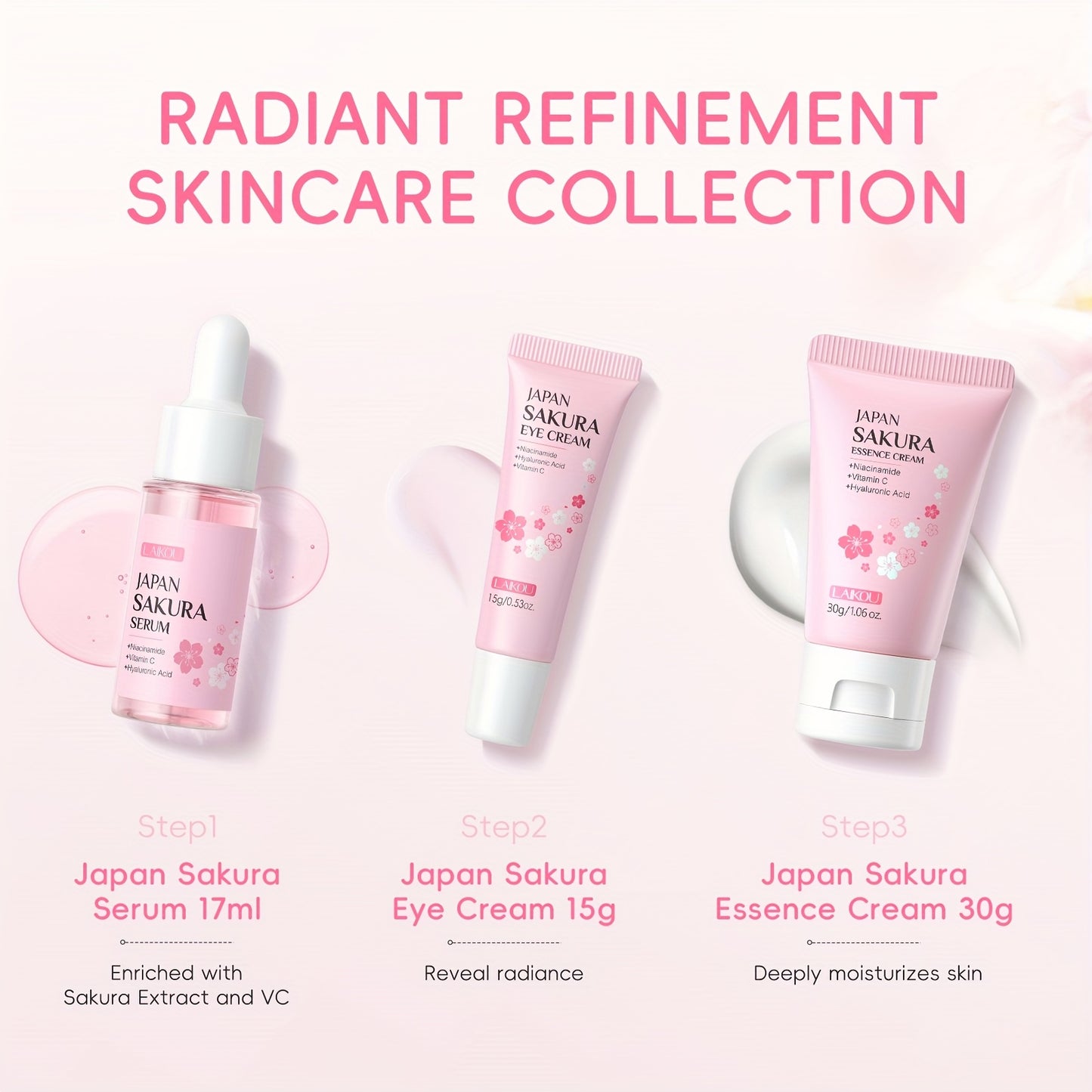 Kit de cuidados de pele LAIKOU Sakura com 3 peças - Kit de viagem com sérum, creme facial e creme de olhos (17ml, 30g - Niacinamida e Vitamina C, Ácido Hialurónico, Todos os tipos de pele, Unissexo, Essenciais de beleza | Estética Rosa | Kit compacto
