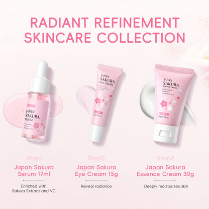 Kit de cuidados de pele LAIKOU Sakura com 3 peças - Kit de viagem com sérum, creme facial e creme de olhos (17ml, 30g - Niacinamida e Vitamina C, Ácido Hialurónico, Todos os tipos de pele, Unissexo, Essenciais de beleza | Estética Rosa | Kit compacto