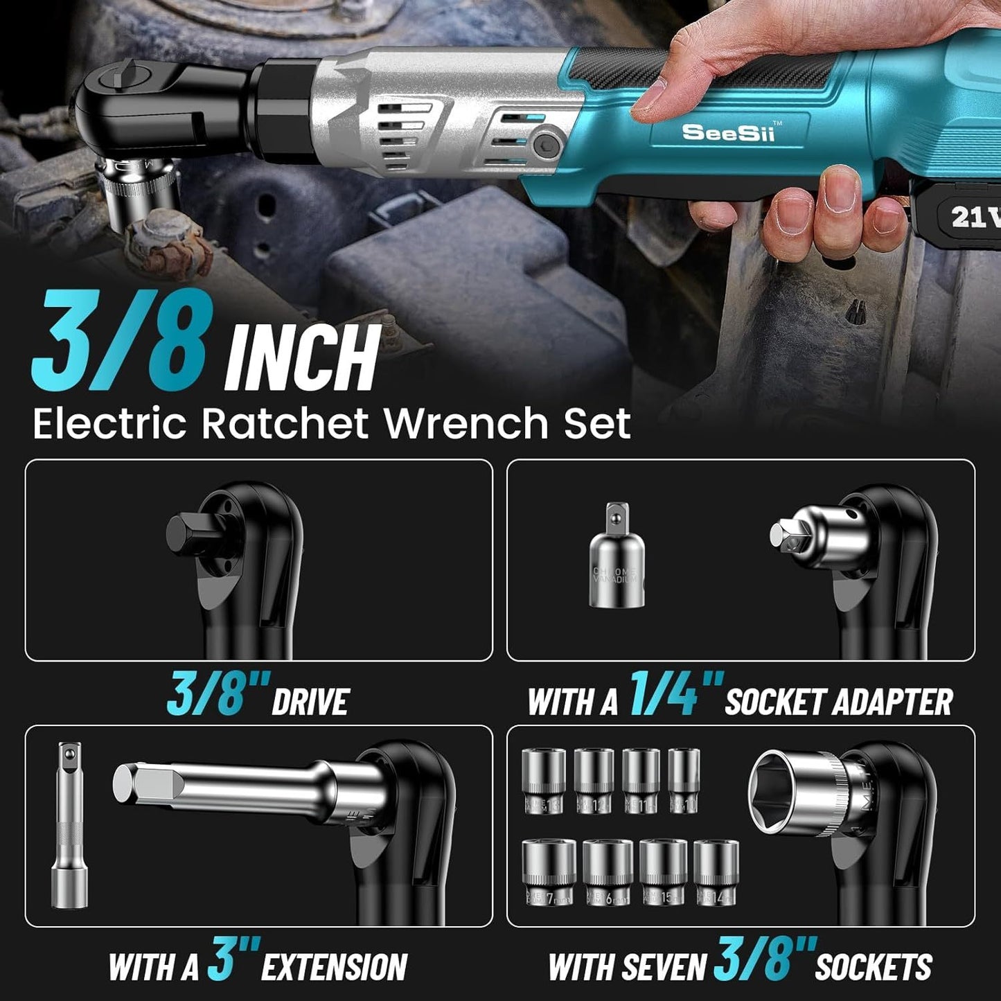 Seesii Cordless Ratchet 3/ 8", 90N.m 200RPM, 200RPM Power Ratchet Wrench 90N.m, 2 x 2.0A Batteries & Charger, Variable Speed Trigger, 8 Sockets, 1/ 4" & 1/ 2" Adapter, 3" Extension Bar