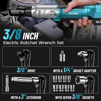 Seesii Cordless Ratchet 3/ 8", 90N.m 200RPM, 200RPM Power Ratchet Wrench 90N.m, 2 x 2.0A Batteries & Charger, Variable Speed Trigger, 8 Sockets, 1/ 4" & 1/ 2" Adapter, 3" Extension Bar