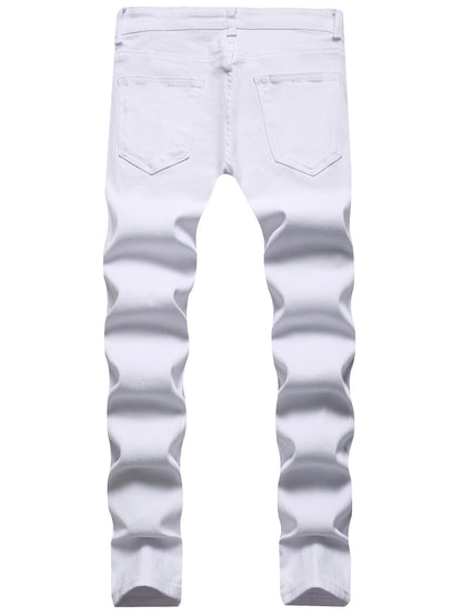 Men Fashion White Ripped Distressed Destroyed Washed Denim Jeans Ripped Slim Fit Wild Jeans White Denim Pants