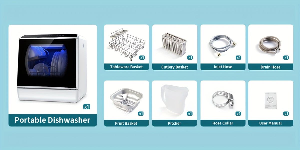 Independent Countertop Dishwasher, 5+1 Wash Programs, Built-in 5L Water Tank, Two Water Supply Modes, With Hot Air Drying And Automatic Ventilation Functions, Suitable For Homes, Apartments, And RVs.