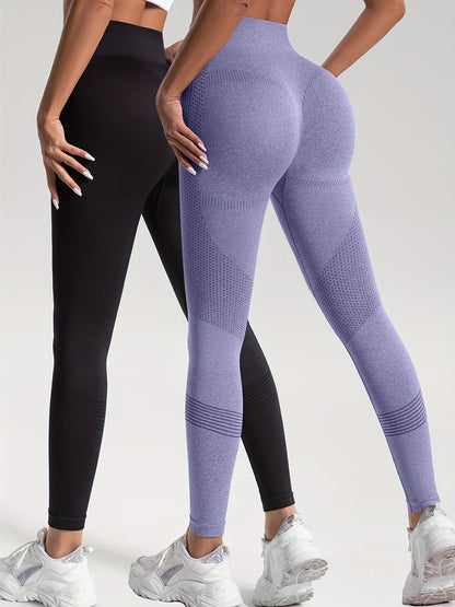 2pcs Solid Color High-Stretch Fitness Yoga Sports Leggings, Soft Breathable Yoga Tight Pants, Women's Activewear