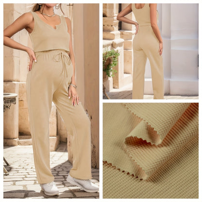 2pcs Pregnant Women's Casual Set, Comfy Sleeveless Shirt & High Waist Tummy Support Drawstring Maternity Pants For Outdoor