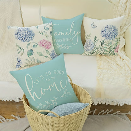 Conjunto de 4 capas de almofada decorativas em linho misto com estampado de hortênsias azuis. Ideais para cama, sofá, sala de estar e decoração em geral. Não inclui enchimento. Dimensões: 45cm x 45cm (18 polegadas x 18 polegadas).