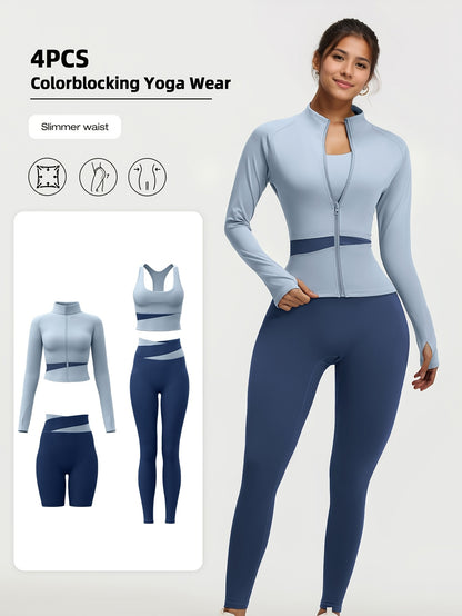 4pcs Women'S Yoga Wear Workout Set with Zipper Jacket Fitness Yoga Leggings Sports Bra Euro Size for Running Fitness And Yoga