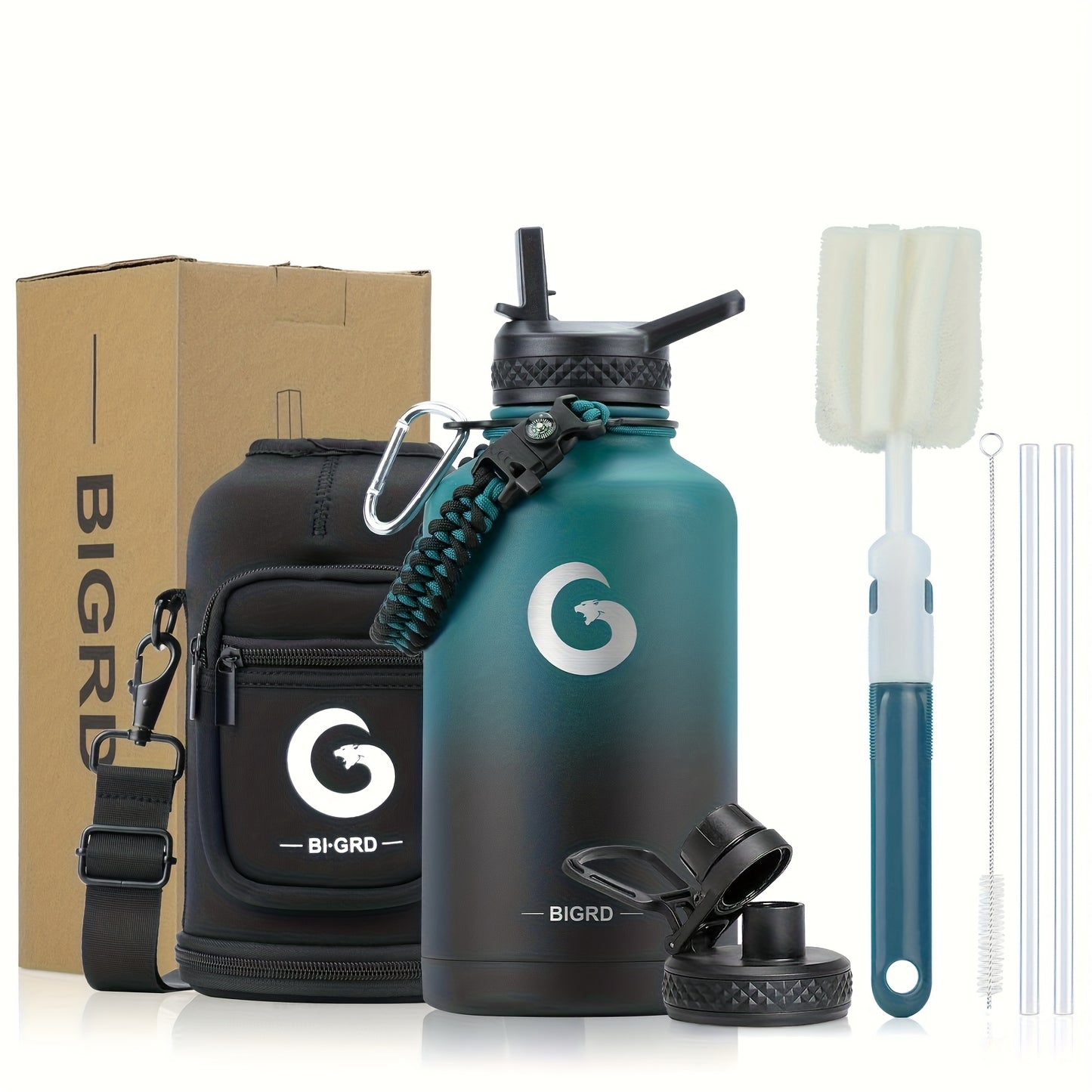 1pc BIGRD 40Oz 64Oz Insulated Water Bottle 304 Stainless Steel Spray Coating Dishwasher Safe, with 2 Lids, Sling Cup Sleeve, Hand-Held Braided Rope, Cup Brush, 2 Straws And Straw Brush, Color Box Packaging