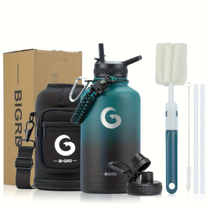 1pc BIGRD 40Oz 64Oz Insulated Water Bottle 304 Stainless Steel Spray Coating Dishwasher Safe, with 2 Lids, Sling Cup Sleeve, Hand-Held Braided Rope, Cup Brush, 2 Straws And Straw Brush, Color Box Packaging
