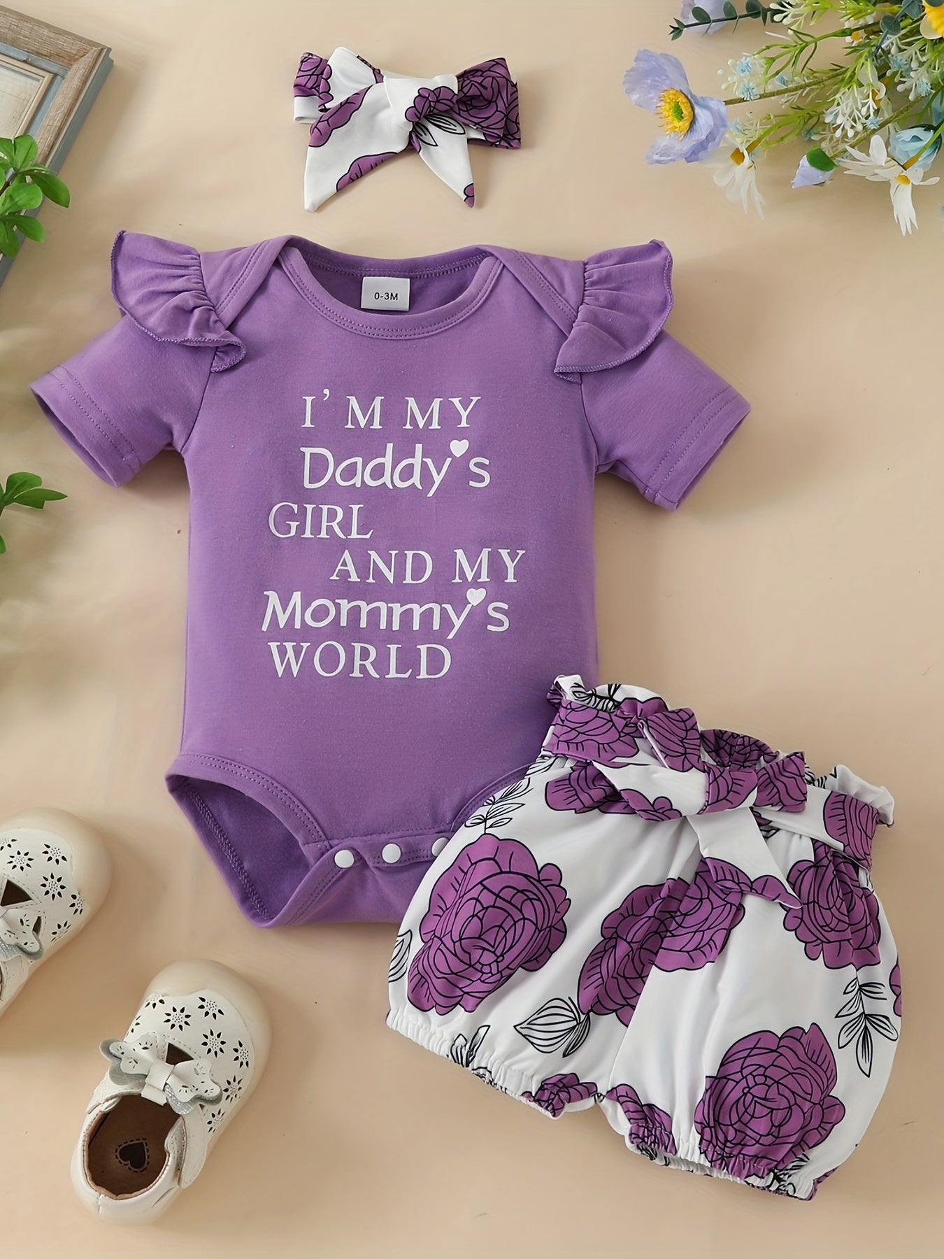 3pcs Short Sleeve & Shorts Set for Newborns - "I'm Daddy's Girl" Letter Print Pants and Headband, Mommy's World Alphabet Kids' Outfit, Perfect for Outdoor