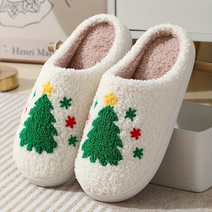 Christmas Tree Pattern Fuzzy Slippers, Winter Warm Closed Toe Flat Floor Shoes, Cozy Soft Sole Plush Home Slippers