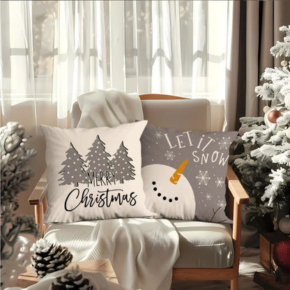 4pcs single-sided printed Christmas short plush pillowcasesChristmas Decorative Pillows for Living Room, Festive Winter Throw Cushions in Soft Fabric, Beige and Gray with Joy, Snowman, Reindeer Designs, Durable and Lightweigh