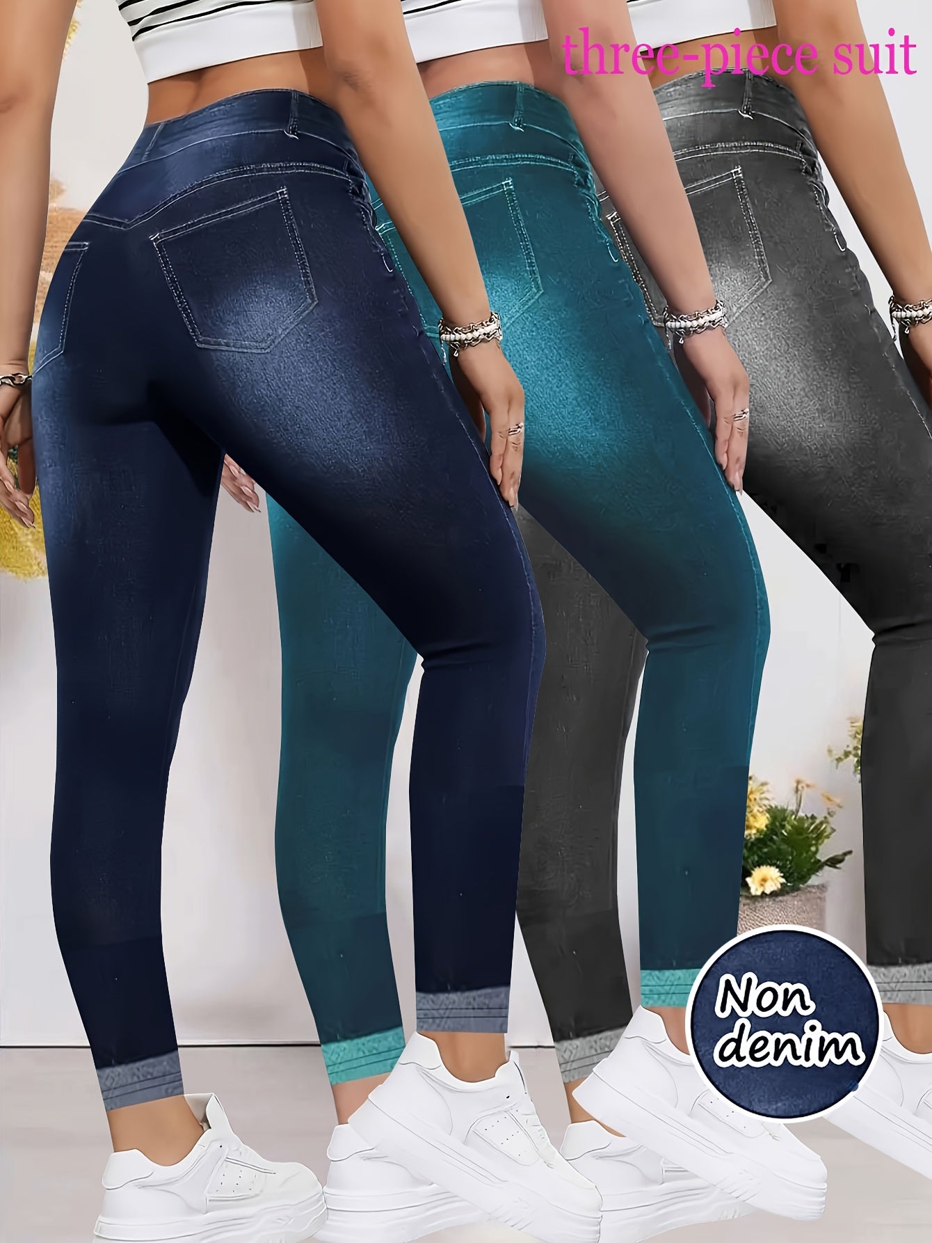 [Denim Print/Imitation Denim] 3pcs Set New Imitation Denim Blue Black Green Women's Slim Fit Leggings - Elegant Stretchy Tights, All-Season Versatile Casual and Formal Wear, Machine Washable Comfortable High-Quality Tight Pan