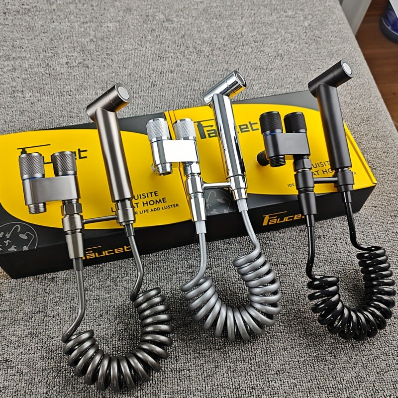 Double control angle valve with one inlet and two outlets, new booster spray gun includes a 2-meter telescopic hose, no-drill bracket. G1/2 interface, easy installation, convenient to use, comes with mounting accessories, no