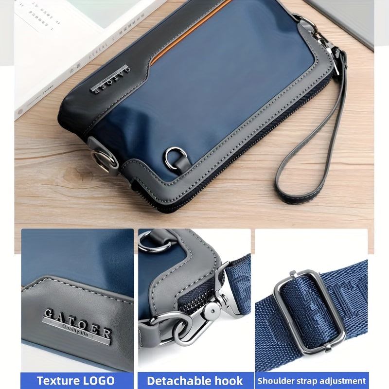 Men's Luxury Multi-Functional Handbag & Wallet in One - Dark Navy Blue/Black with Golden-Tone Hardware, Soft Silky Texture, Golden-Tone Hardware, Zipper Closure & Detachable Strap - Travel, Commute, Formal & Everyday Use - Id