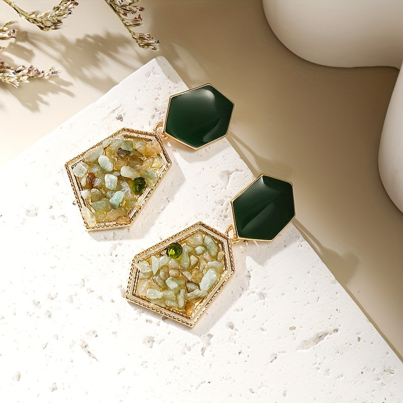 Brincos pendentes hexagonais verde-abacate com decoração de cristais artificiais, estilo retro elegante, em liga de zinco banhada a ouro 18K, joias para banquetes.