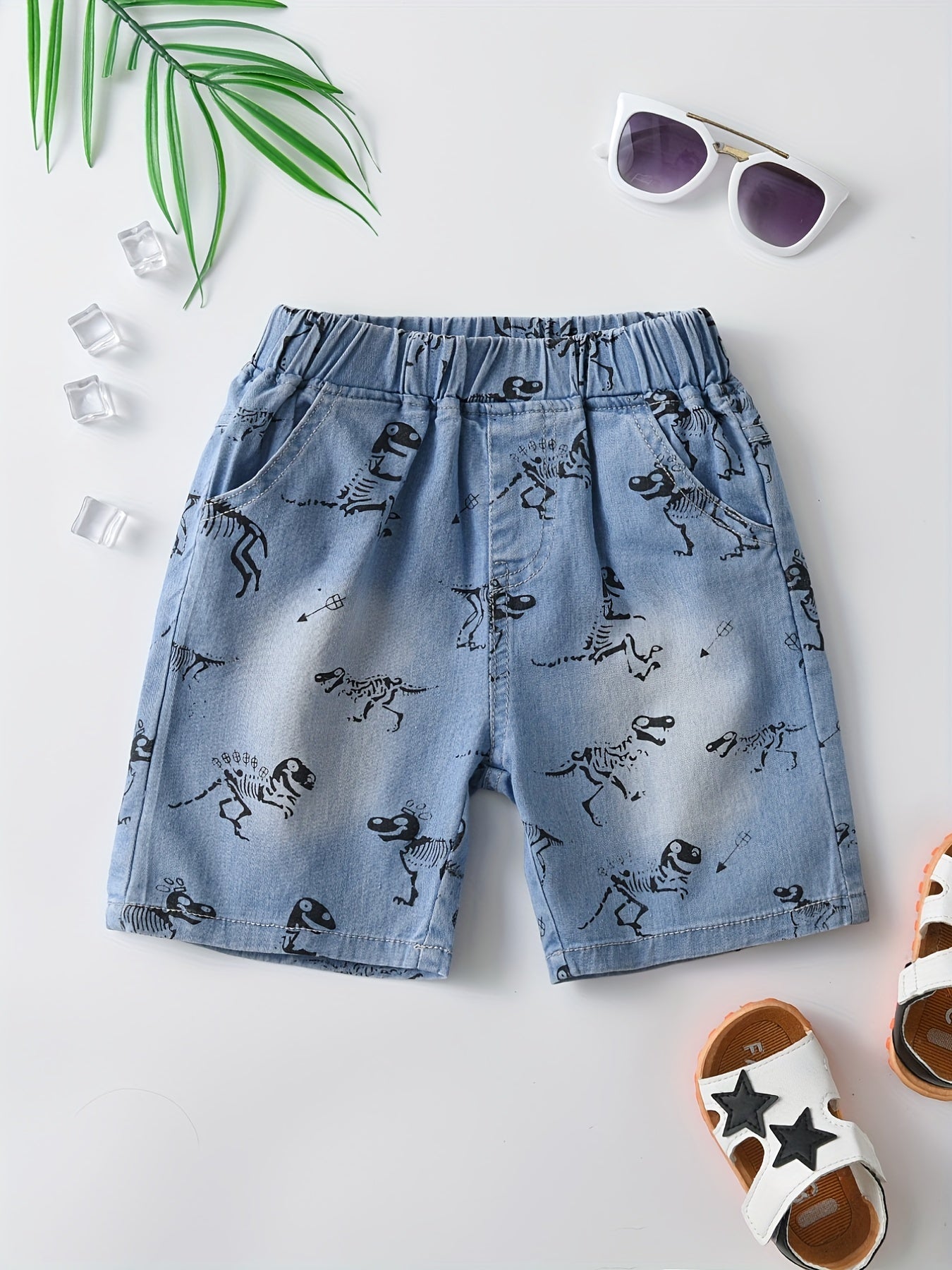 Skeleton Dinosaur Print Boys Comfortable Creative Denim Shorts, Casual Slightly Stretch Shorts For Summer Outdoor