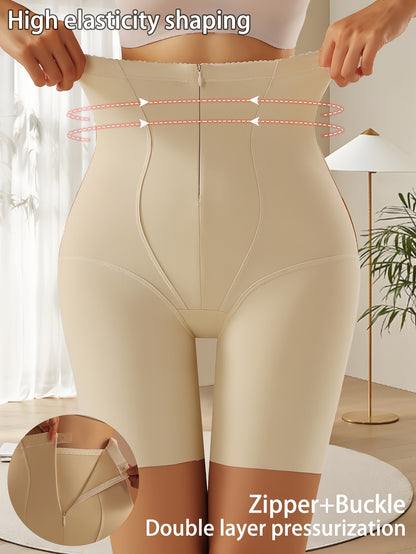 Women's High-Waisted Compression Shorts with Zipper Closure - Ice Sliky Fiber Fabric Tummy Control Butt Lifter, Asymmetrical Design for Natural Uplift & Breathable Comfort, Solid Black