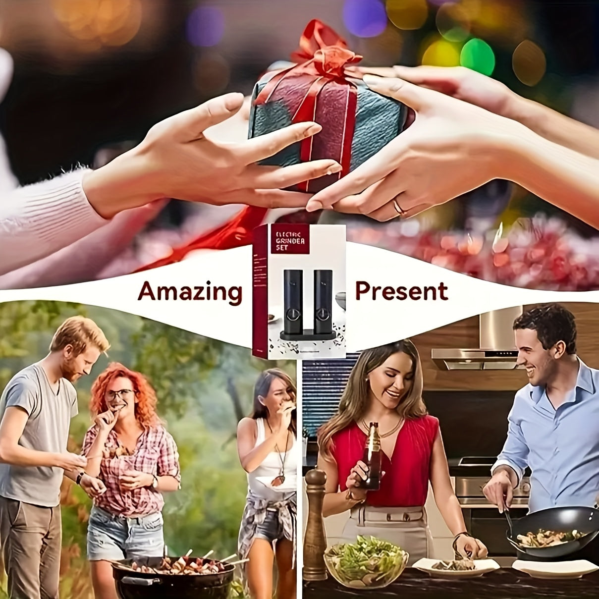 2pcs Electric Salt and Pepper Grinder Set with Adjustable Coarseness/Fineness, One-Touch Operation, (/Battery), Compact Base & Portable with ABS Housing & Black/White Design, Ideal Gift
