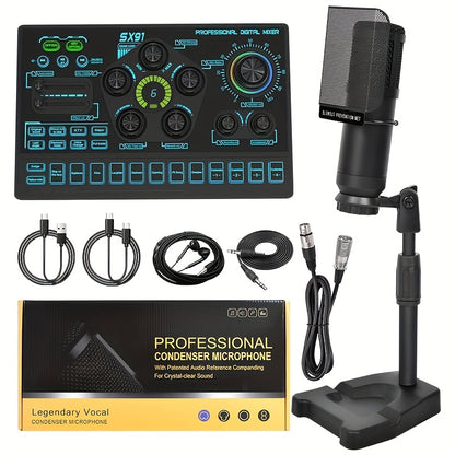 Podcast Live Broadcast Kit, SX91 Live Sound Card + BM800 Podcast XLR Condenser Microphone, Professional Mixing Equipment Set, Ideal for Gaming, Live Broadcasting, Recording Streaming Podcasts, Video Studio, Compatible with La