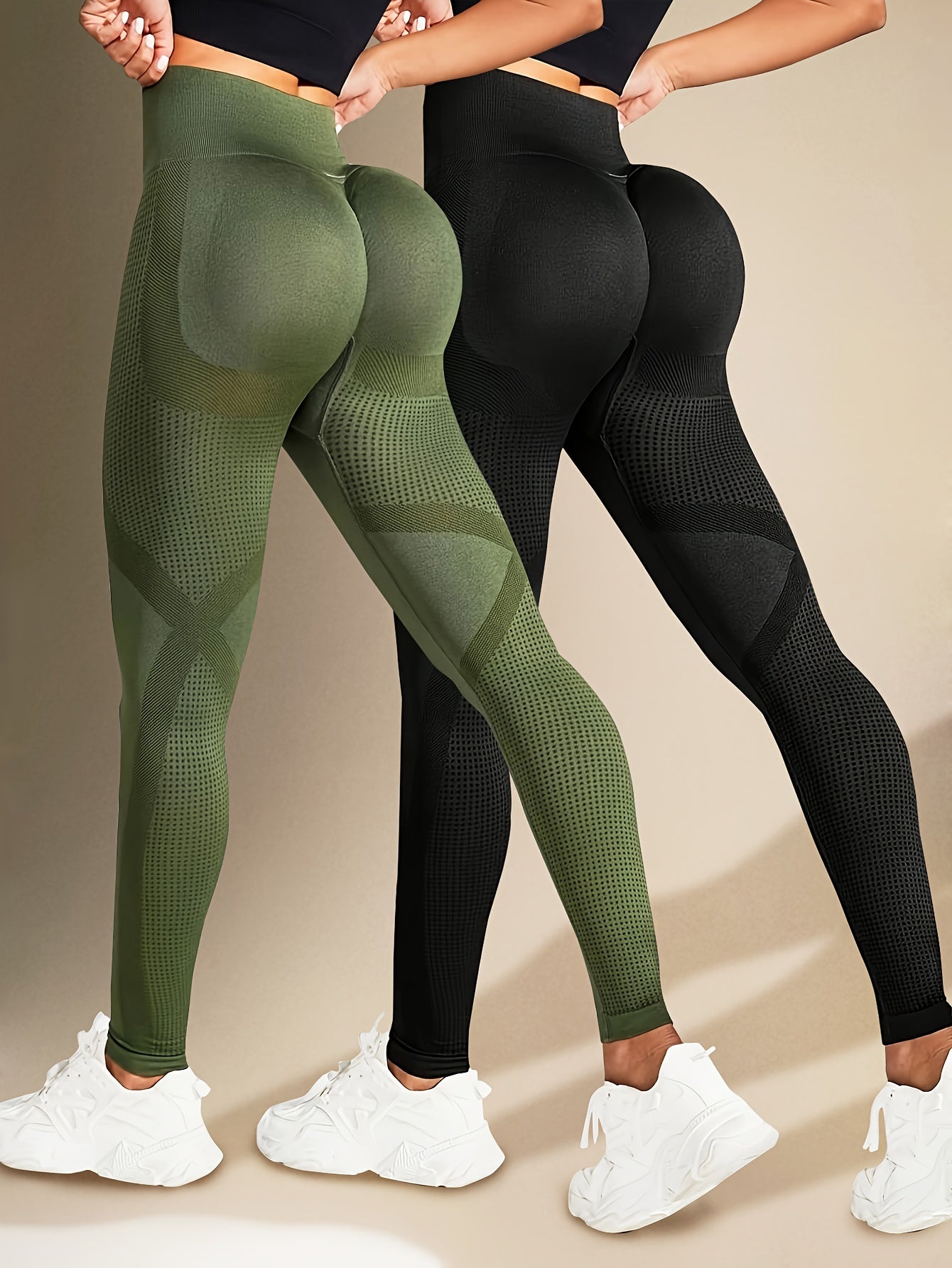 Two Solid Color High-Elasticity Fitness Yoga Leggings - Abdominal Control, Pleated, Elastic Waistband, Long Length, Made of Polyamide And Elastic Materials - Suitable for Women'S Activewear, Exercise, And All Seasons.